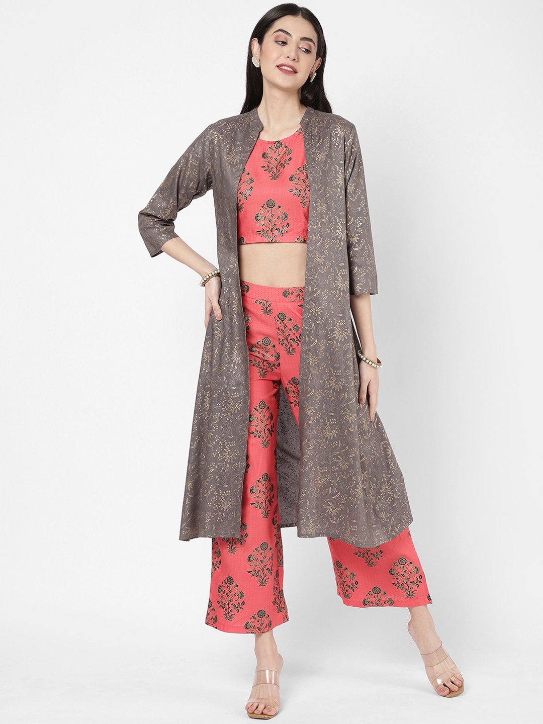 

R&B Women Peach-Coloured Floral Printed Pure Cotton Top with Palazzos
