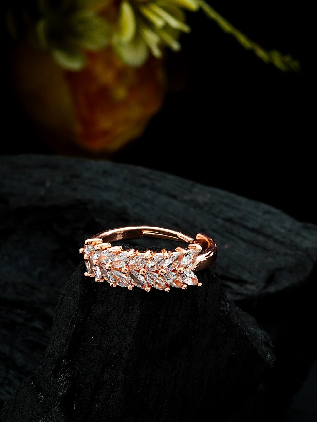 

Ferosh Women White & Rose Gold-Plated Stone -Studded Leaf Vine Finger Ring