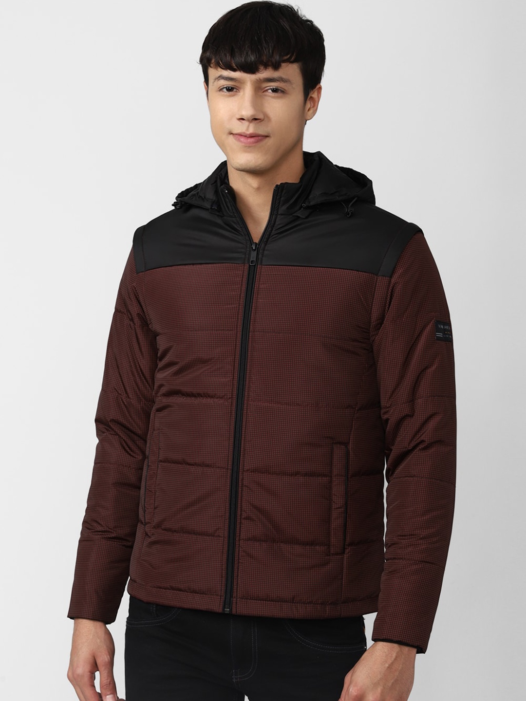 

Van Heusen Sport Men Maroon & Black Colourblocked Hooded Quilted Jacket