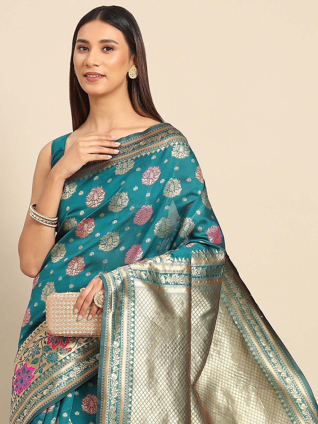 

Anouk Teal Blue & Gold-Toned Floral Silk Blend Banarasi Saree