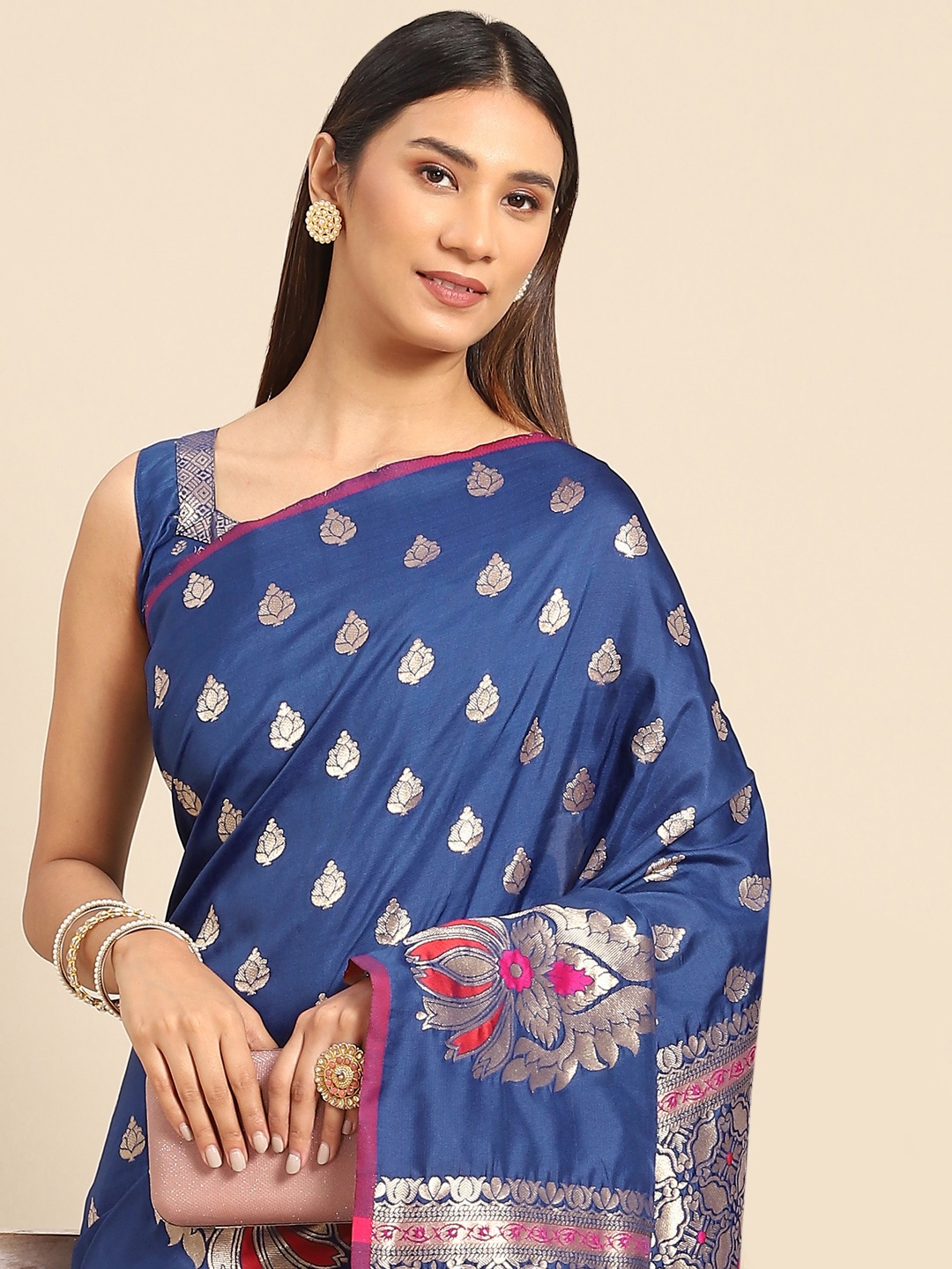 

Anouk Navy Blue & Gold-Toned Floral Silk Blend Banarasi Saree