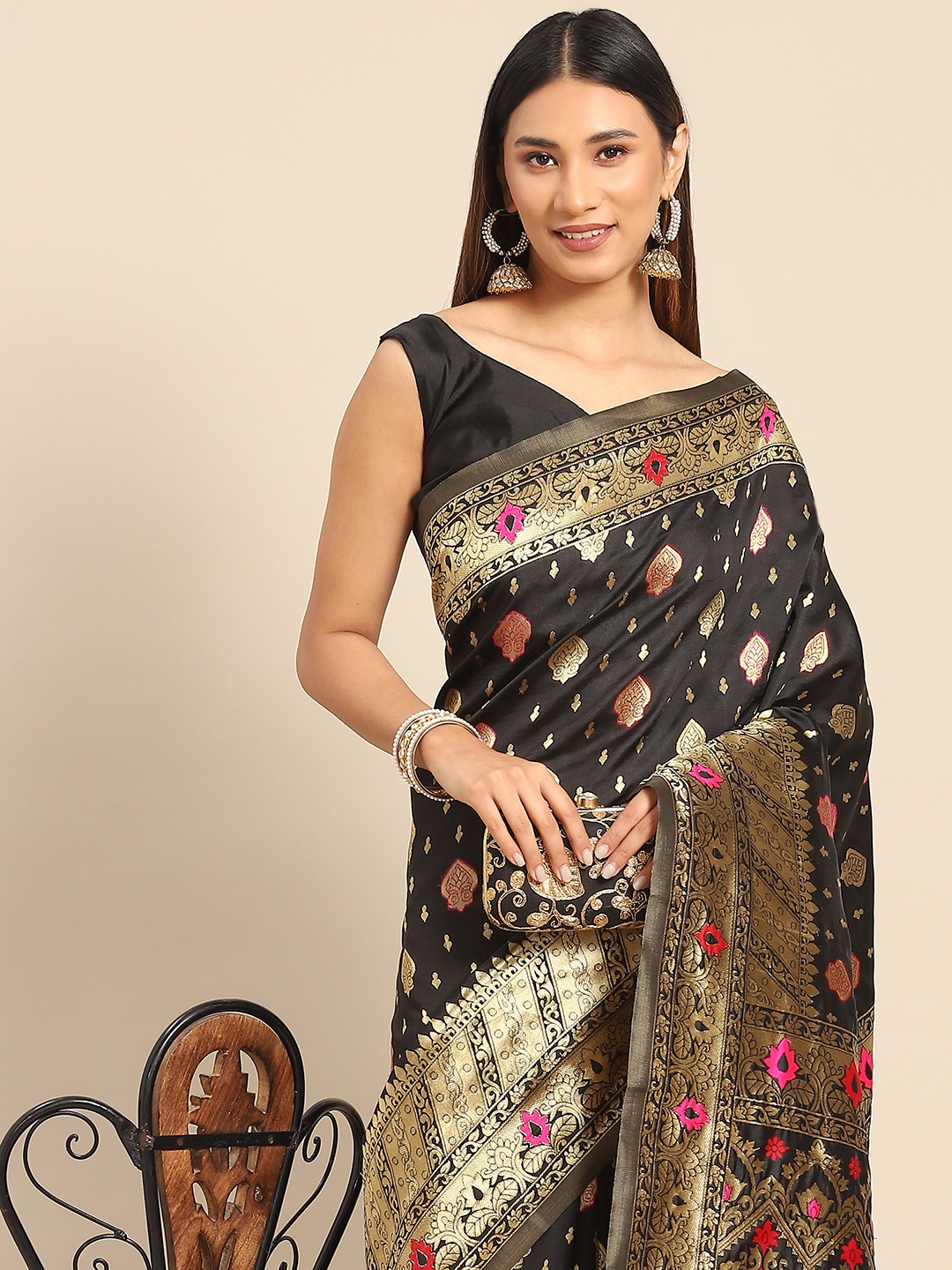 

Anouk Rustic Black & Gold-Toned Ethnic Motifs Silk Blend Banarasi Saree