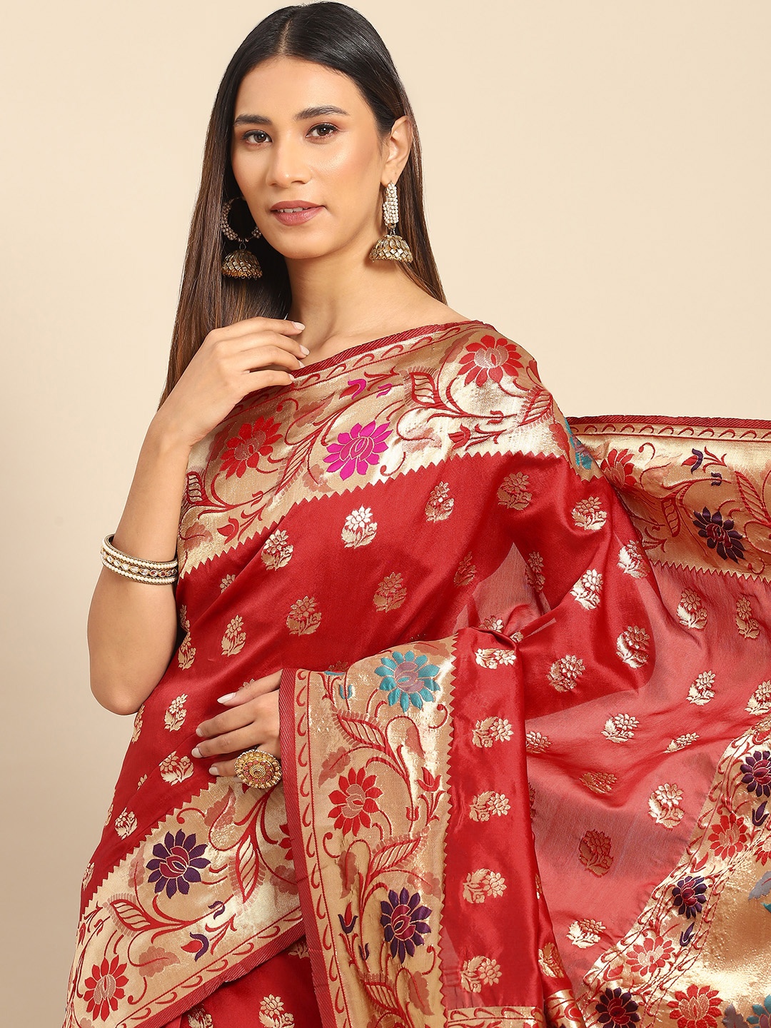 

Anouk Rustic Red & Gold-Toned Floral Silk Blend Banarasi Saree