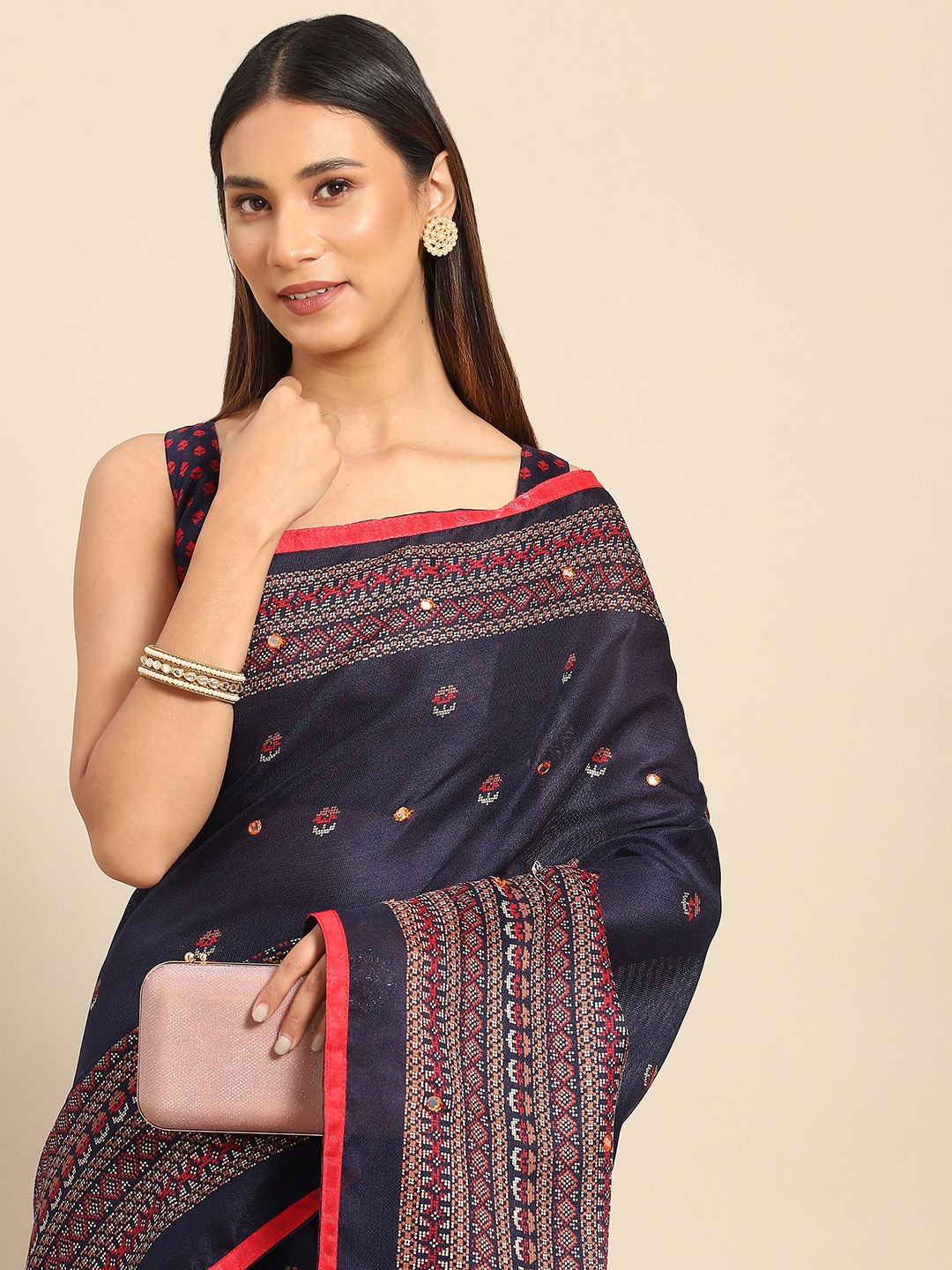 

Anouk Navy Blue & Red Ethnic Motifs Mirror Work Jute Silk Mangalagiri Saree