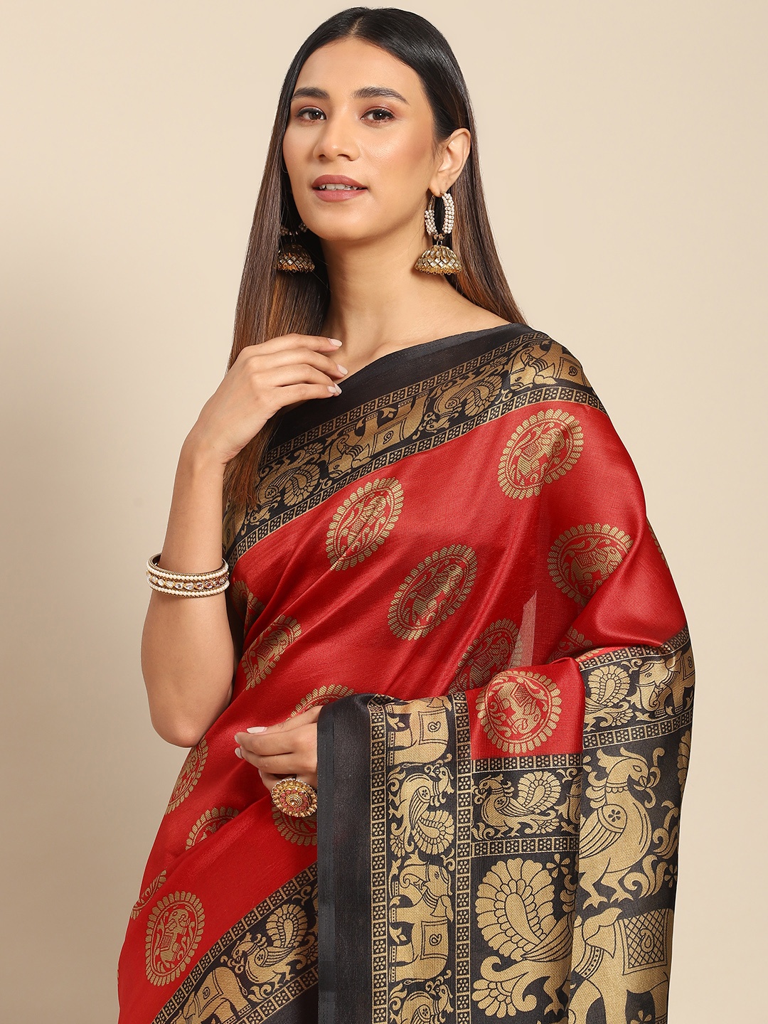 

Anouk Red & Gold-Toned Ethnic Motifs Art Silk Block Print Saree