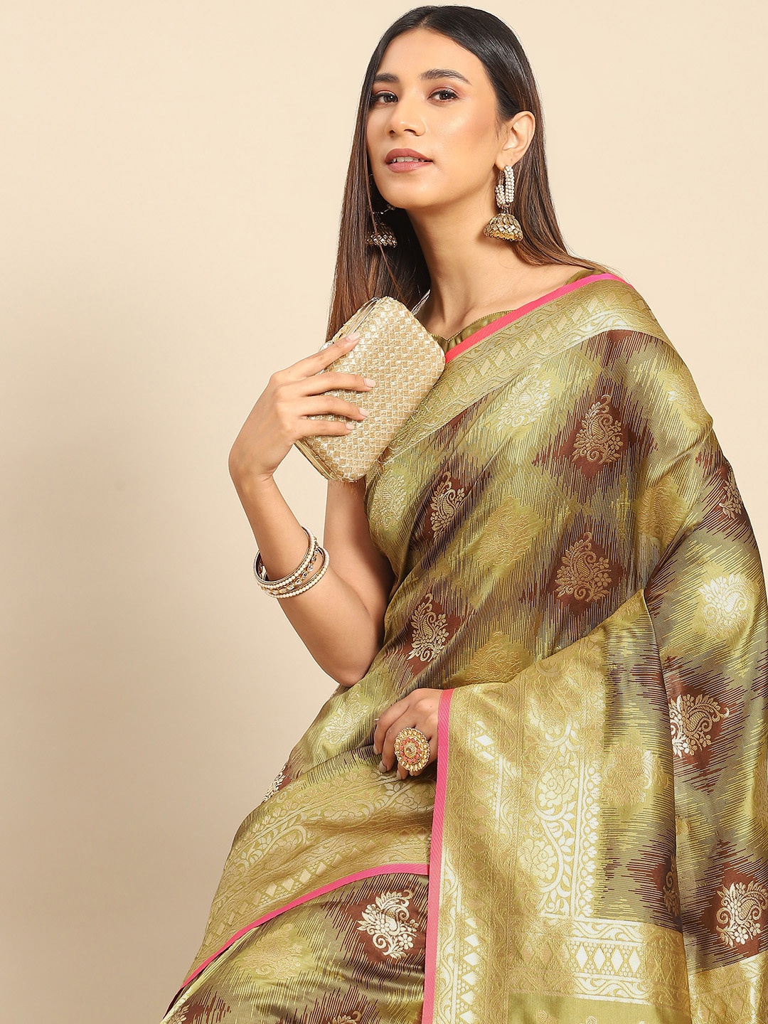 

Anouk Olive Green & Gold-Toned Paisley Silk Blend Banarasi Saree