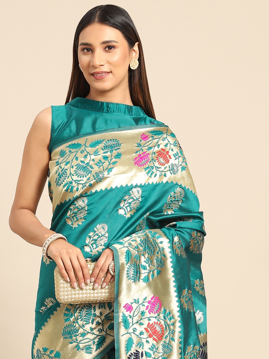 

Anouk Rustic Teal Blue & Gold-Toned Floral Silk Blend Banarasi Saree