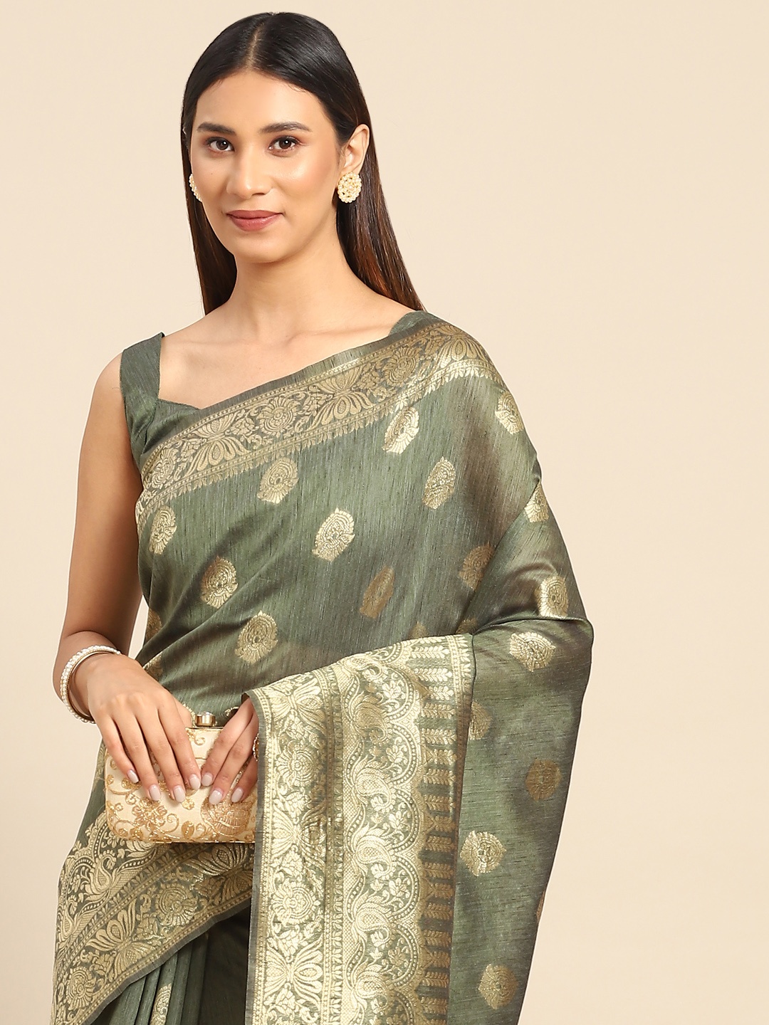 

Anouk Olive Green & Gold-Toned Ethnic Motifs Silk Blend Banarasi Saree