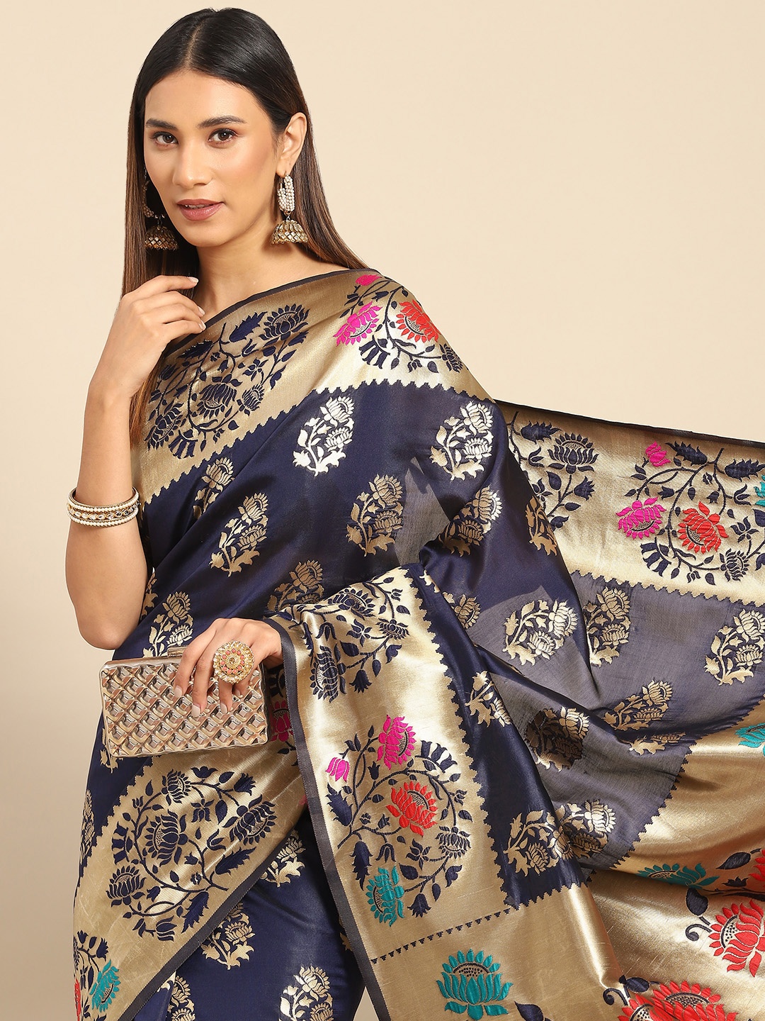 

Anouk Rustic Navy Blue & Gold-Toned Ethnic Motifs Silk Blend Banarasi Saree
