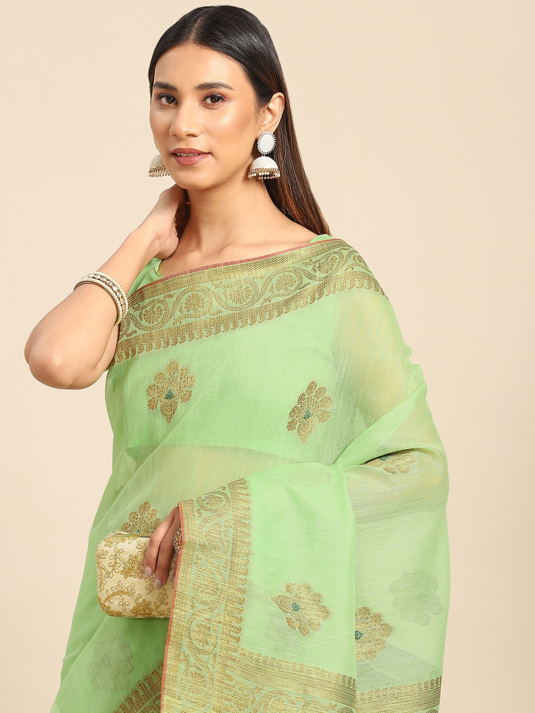 

Anouk Green & Gold-Toned Ethnic Motifs Silk Blend Banarasi Saree