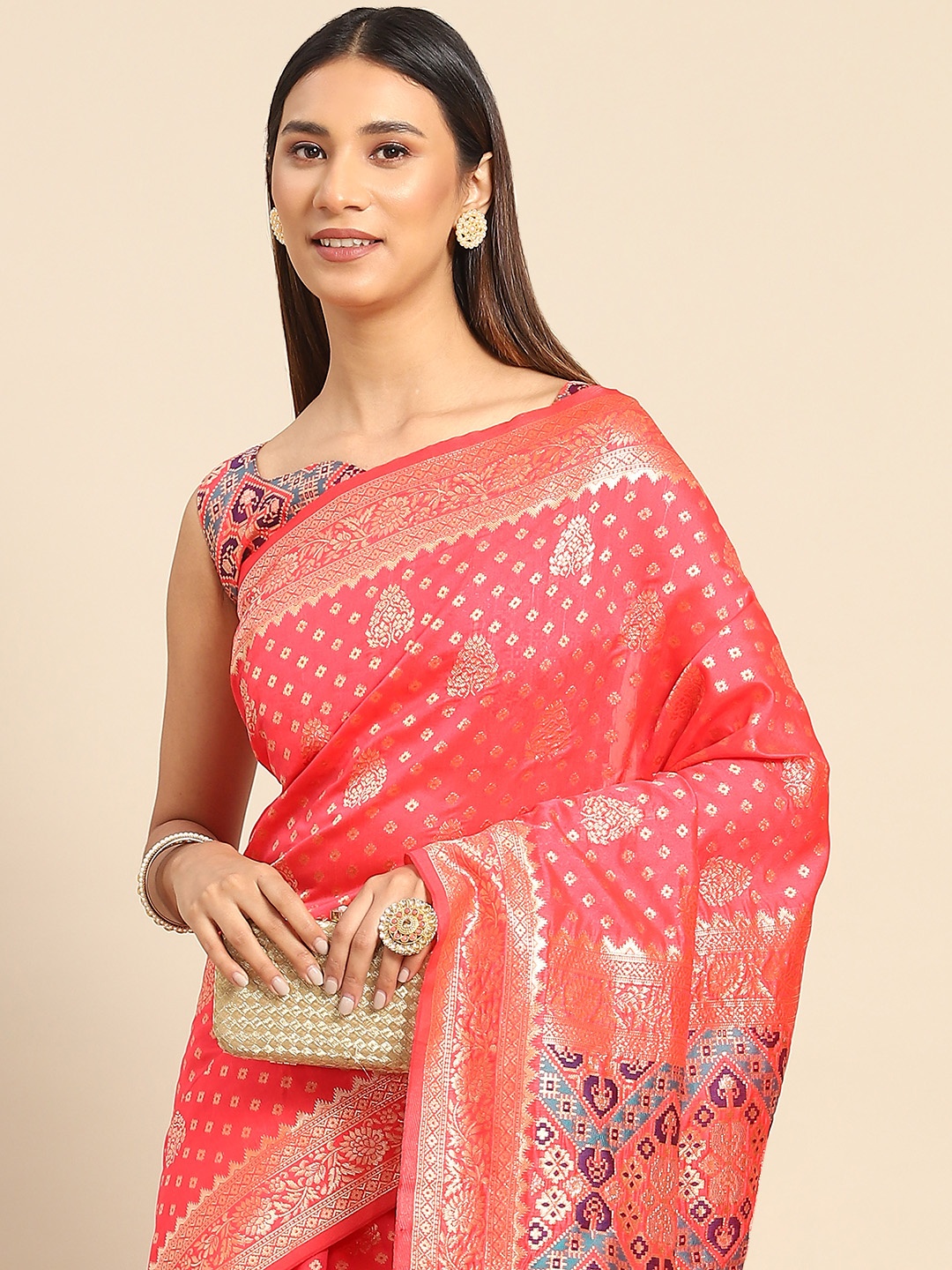 

Anouk Pink & Gold-Toned Ethnic Motifs Silk Blend Dharmavaram Saree