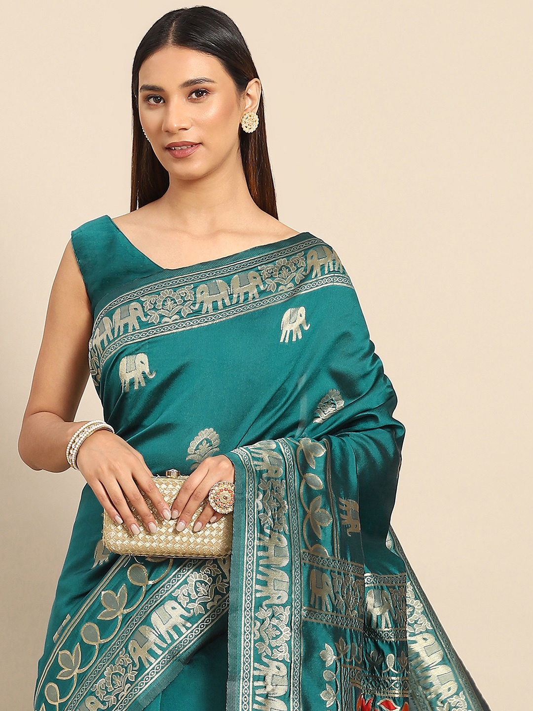 

Anouk Rustic Teal Blue & Gold-Toned Ethnic Motifs Silk Blend Banarasi Saree