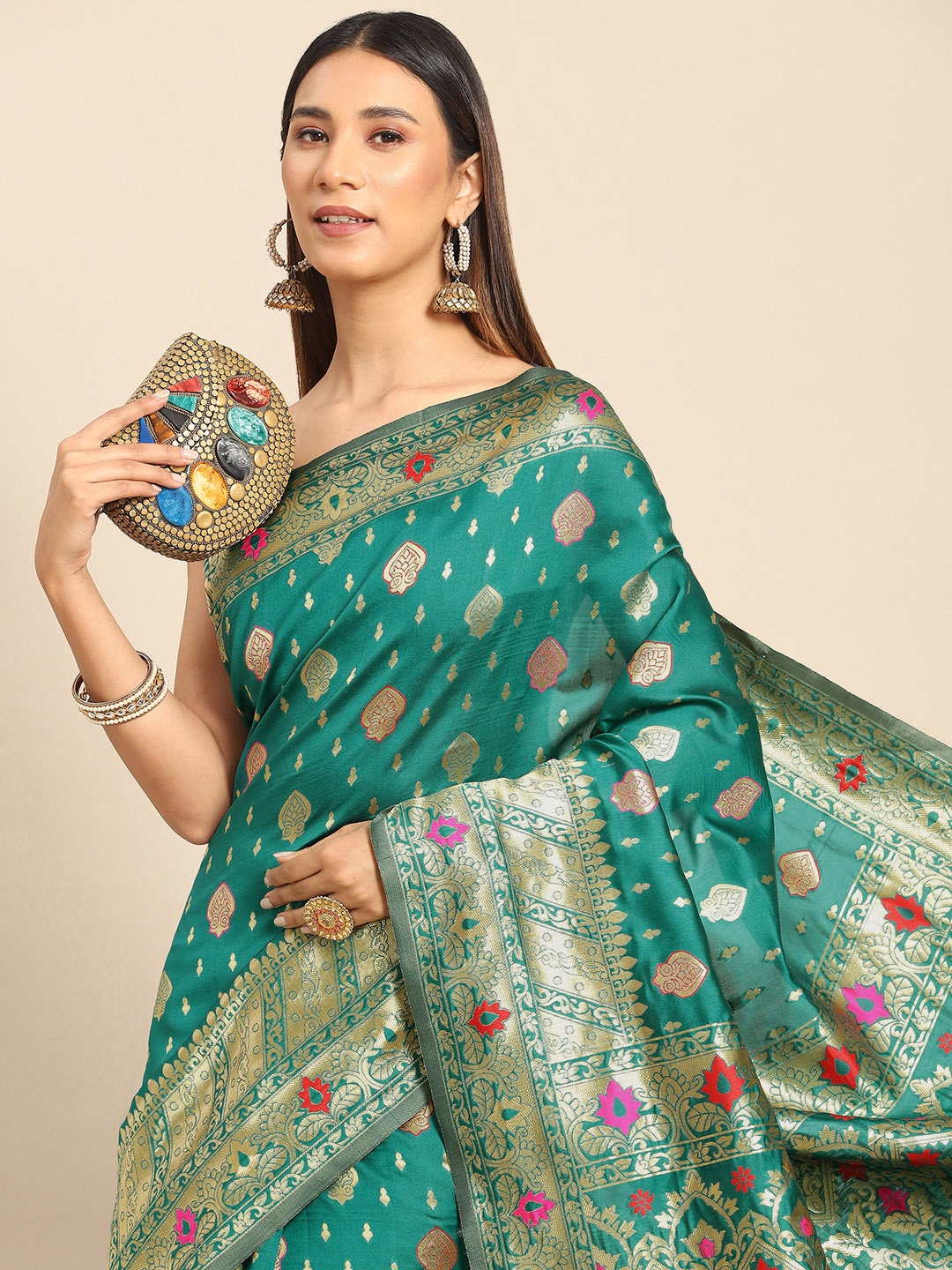 

Anouk Rustic Teal Green & Gold-Toned Ethnic Motifs Silk Blend Banarasi Saree