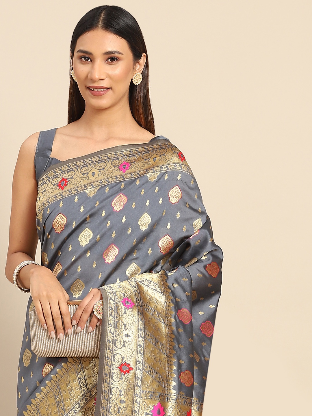 

Anouk Grey & Gold-Toned Ethnic Motifs Silk Blend Banarasi Saree