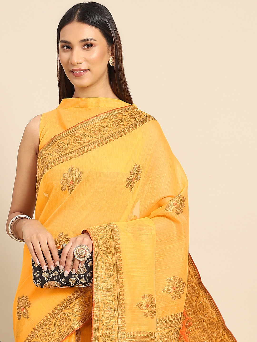 

Anouk Yellow & Gold-Toned Ethnic Motifs Silk Blend Banarasi Saree