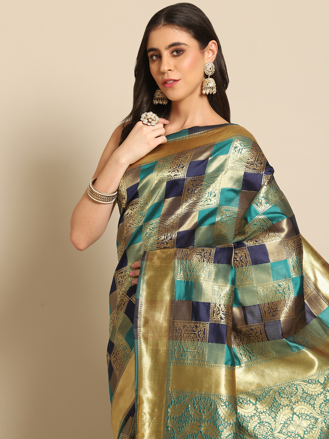 

Anouk Teal Ethnic Motifs Silk Blend Dharmavaram Saree