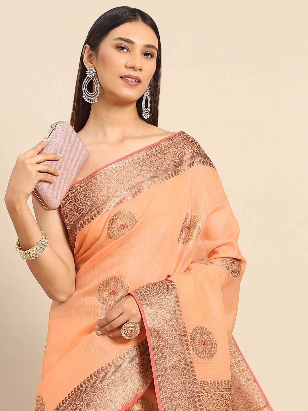 

Anouk Peach Silk Blend Ethnic Woven Design Banarasi Saree with Matching Blouse Piece