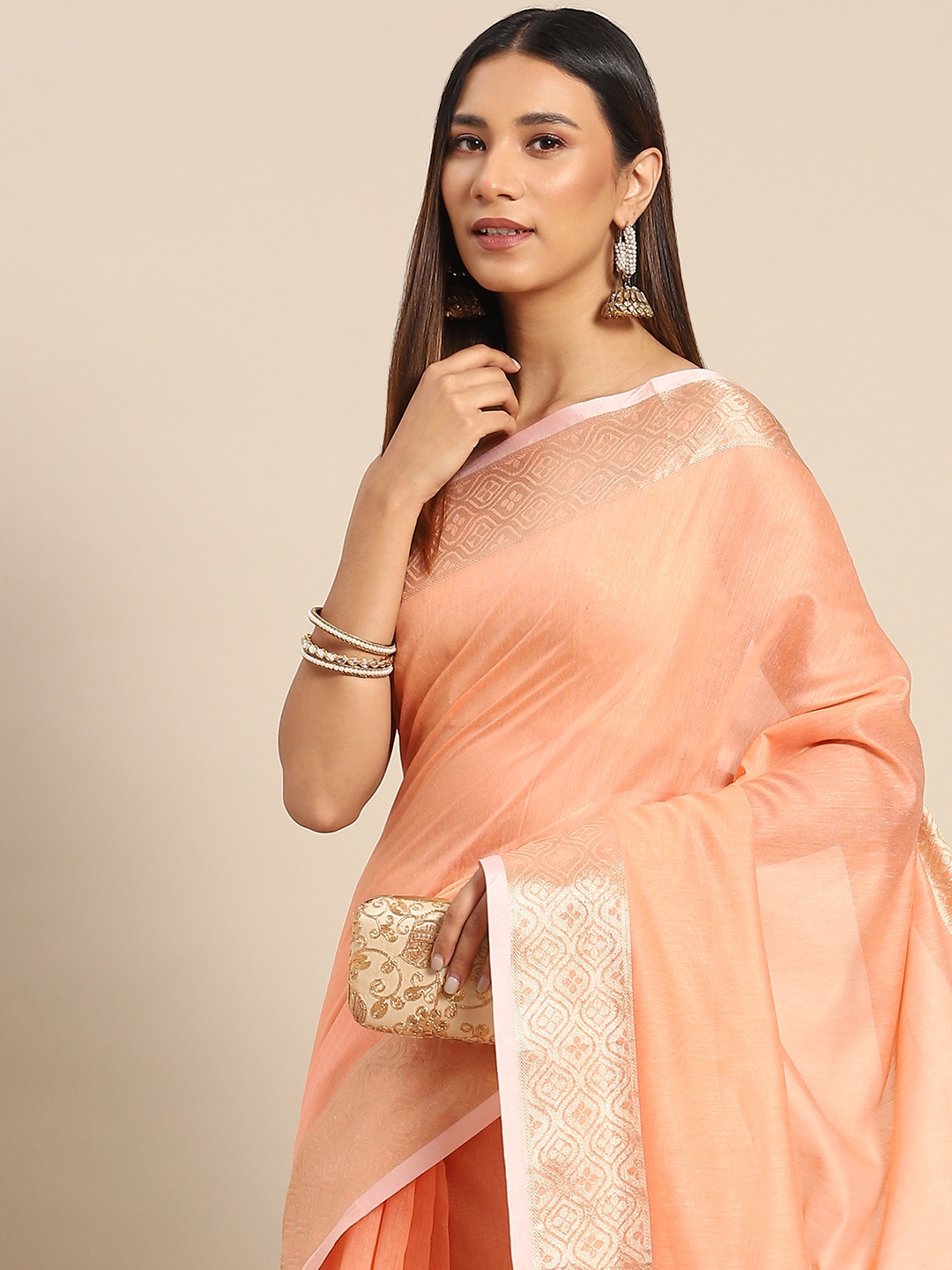 

Anouk Rustic Peach-Coloured & Gold-Toned Linen Blend Banarasi Saree