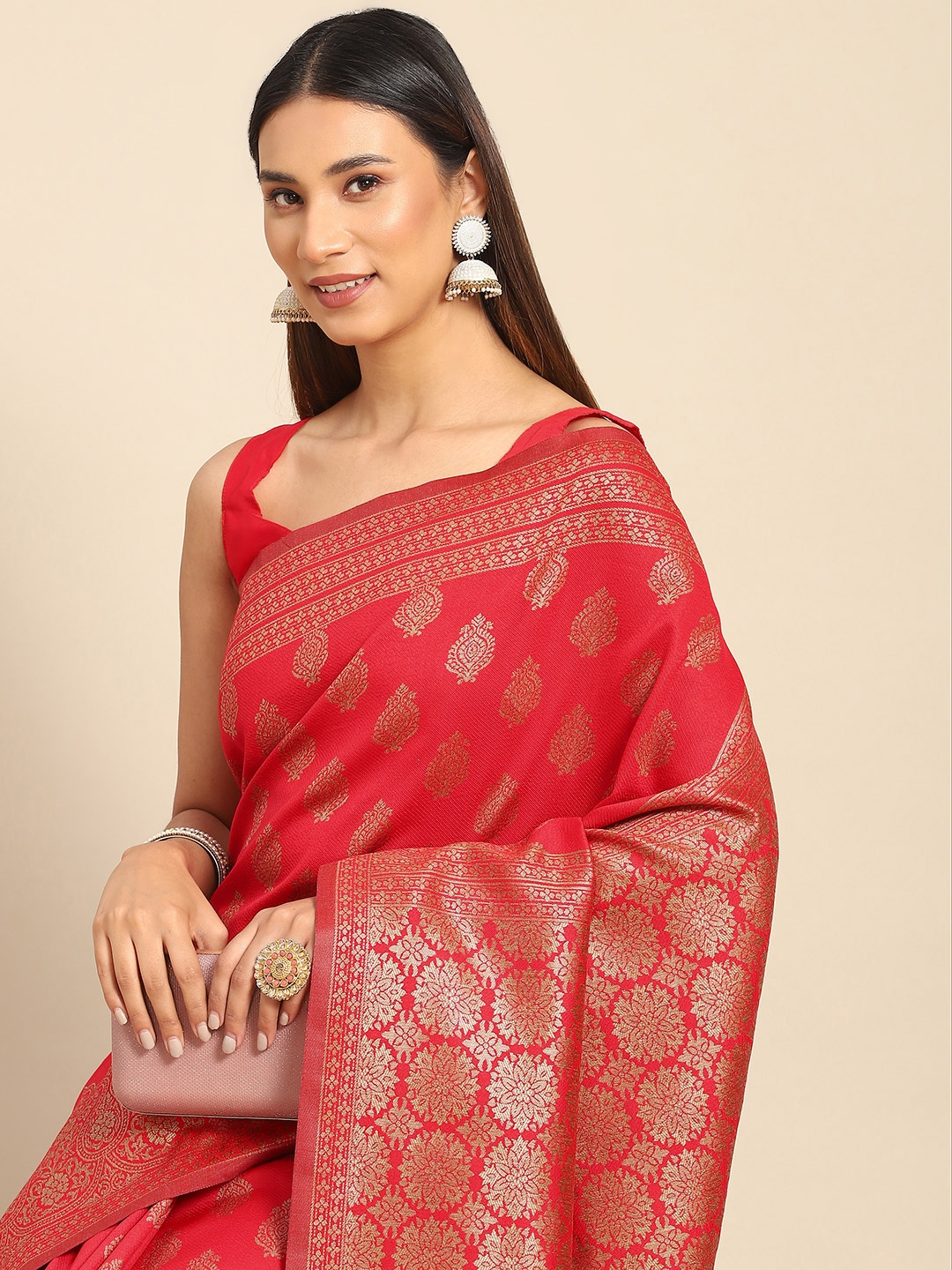 

Anouk Red & Gold-Toned Floral Silk Blend Banarasi Saree