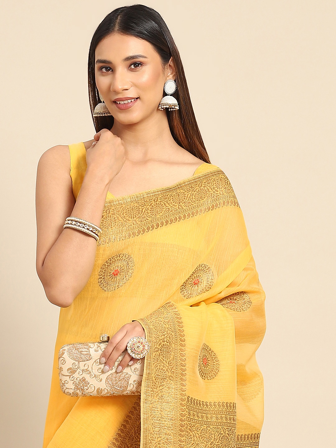 

Anouk Yellow & Gold-Toned Bagh Silk Blend Banarasi Saree