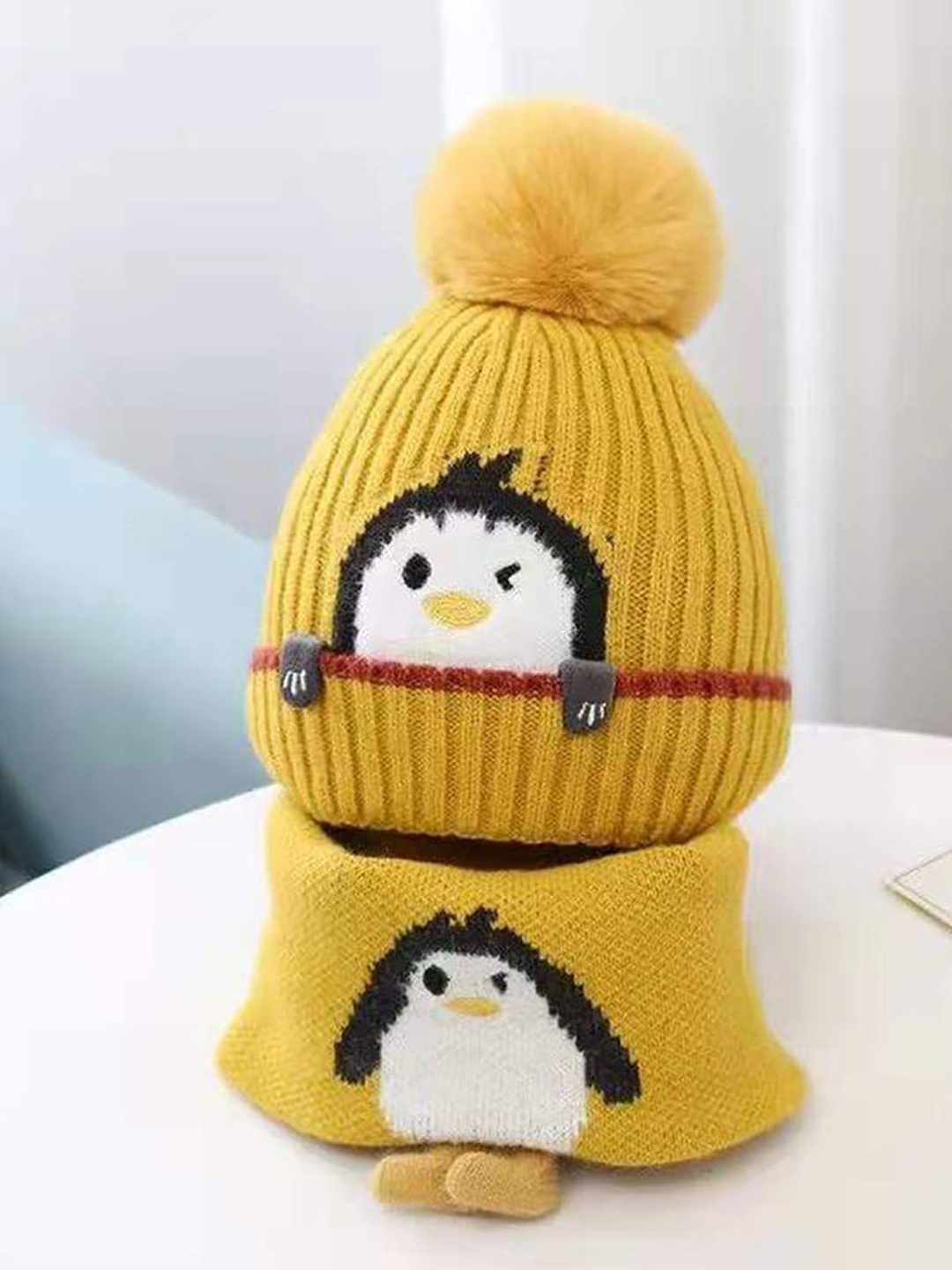 

Little Surprise Box LLP Kids Yellow Penguin Woven Woolen Winter Cap & Muffler
