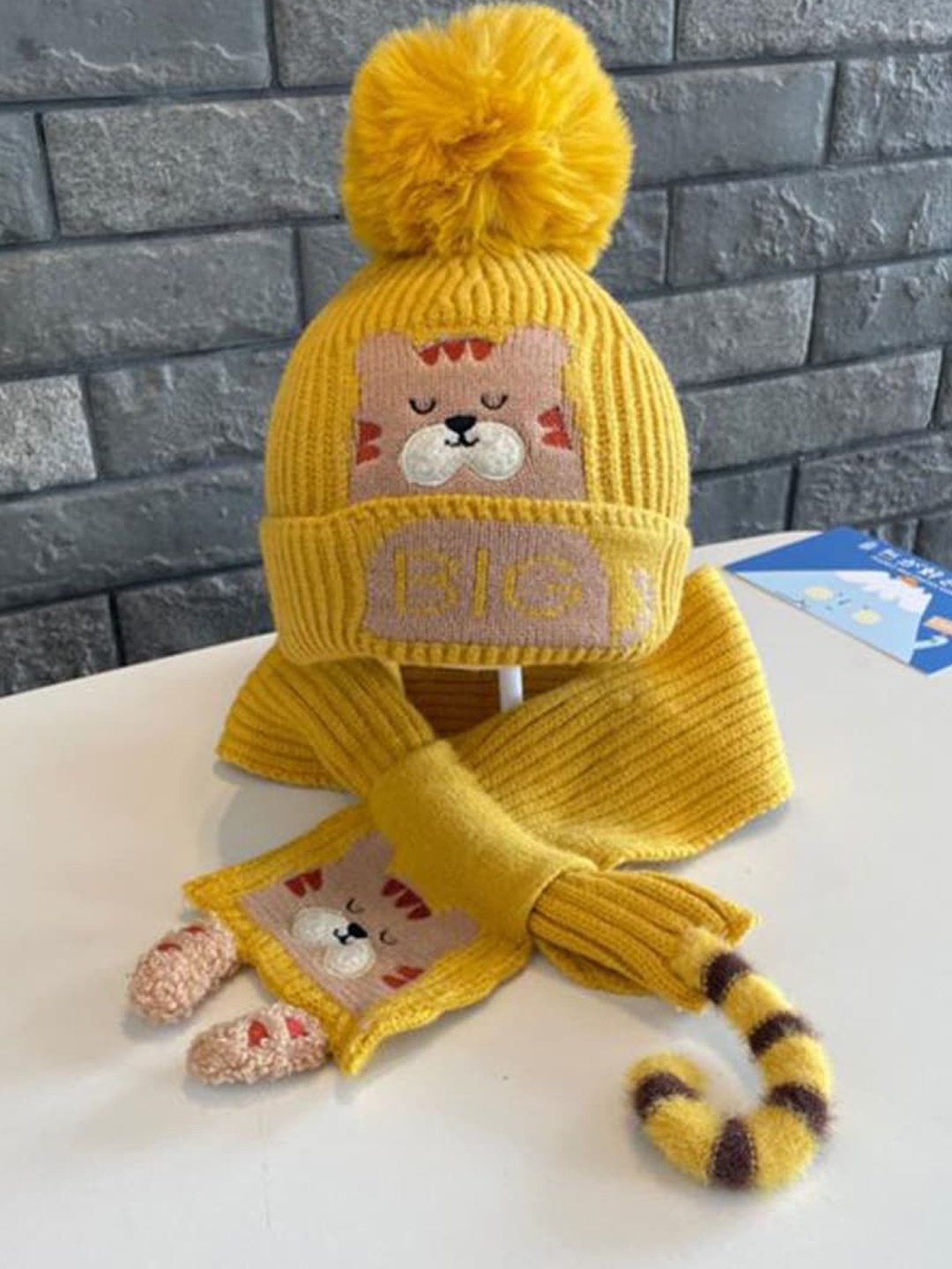 

Little Surprise Box LLP Kids Yellow Bear Woven Woolen Muffler With Cap