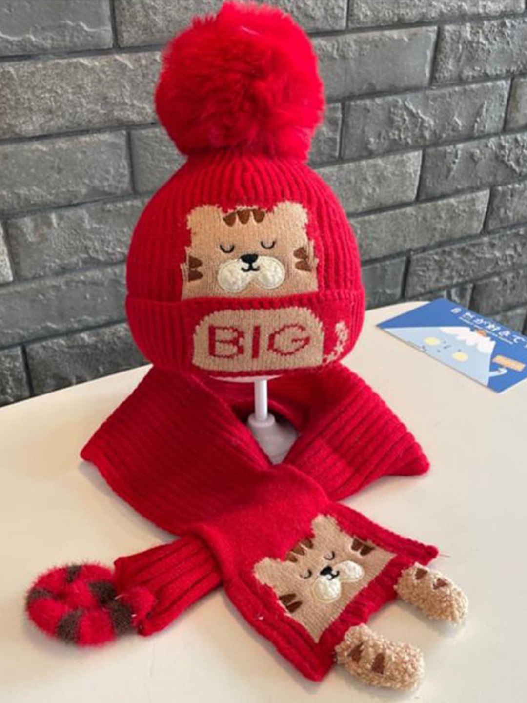 

Little Surprise Box LLP Kids Red Bear Woven Woolen Winter Cap & Muffler