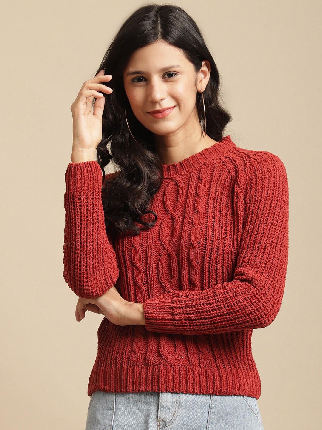 

TAG 7 Women Maroon Cable Knit Pullover