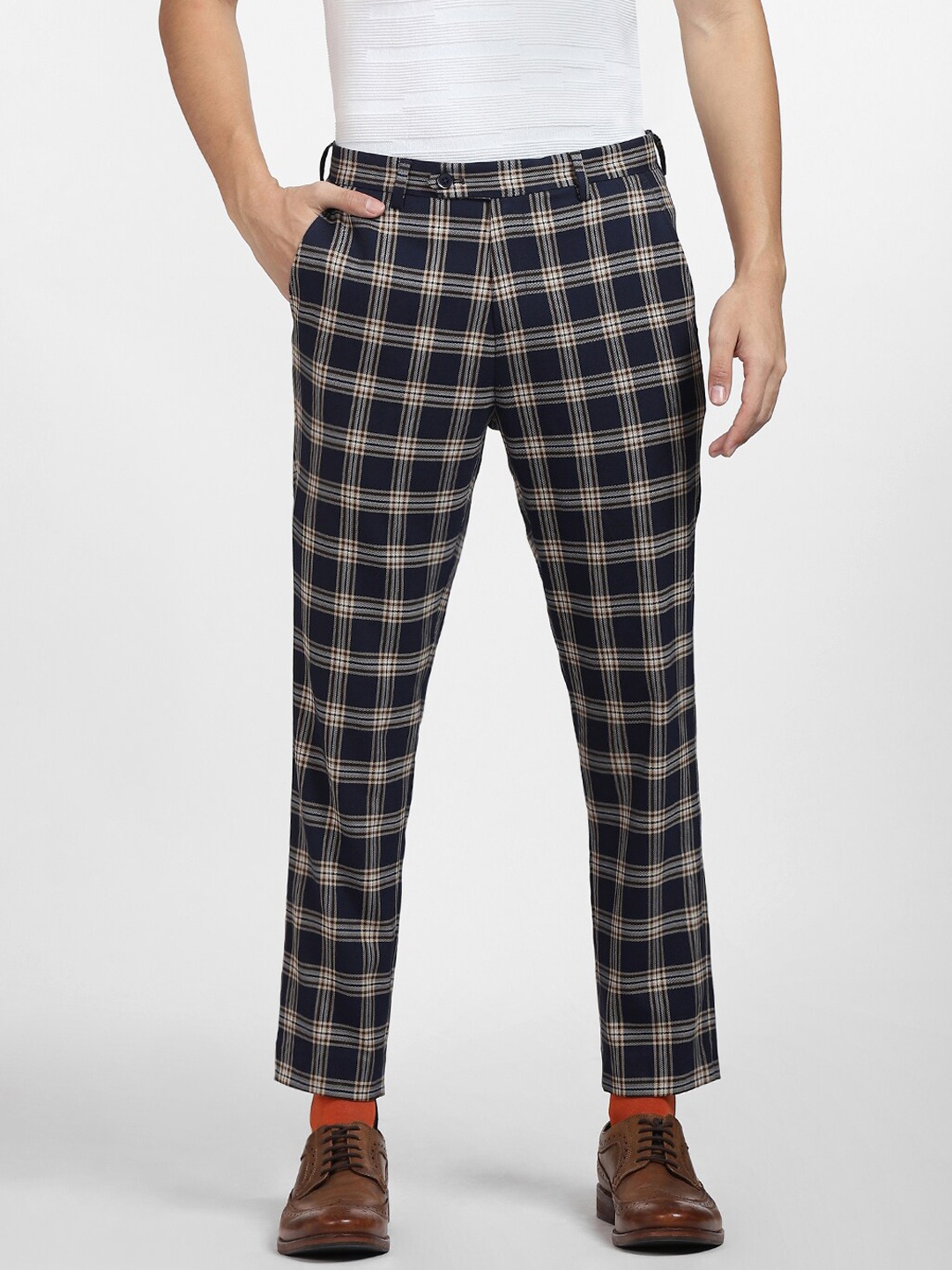 

Jack & Jones Men Navy Blue Checked Slim Fit Cotton Trousers