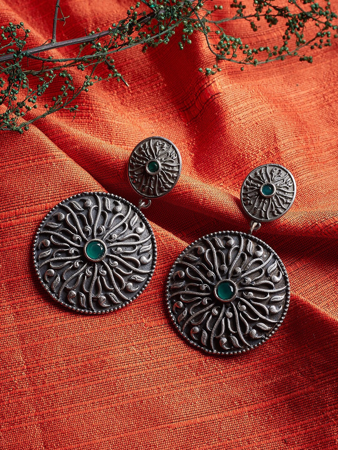 

ZeroKaata Teal & Silver-Plated Oxidised Circular Drop Earrings