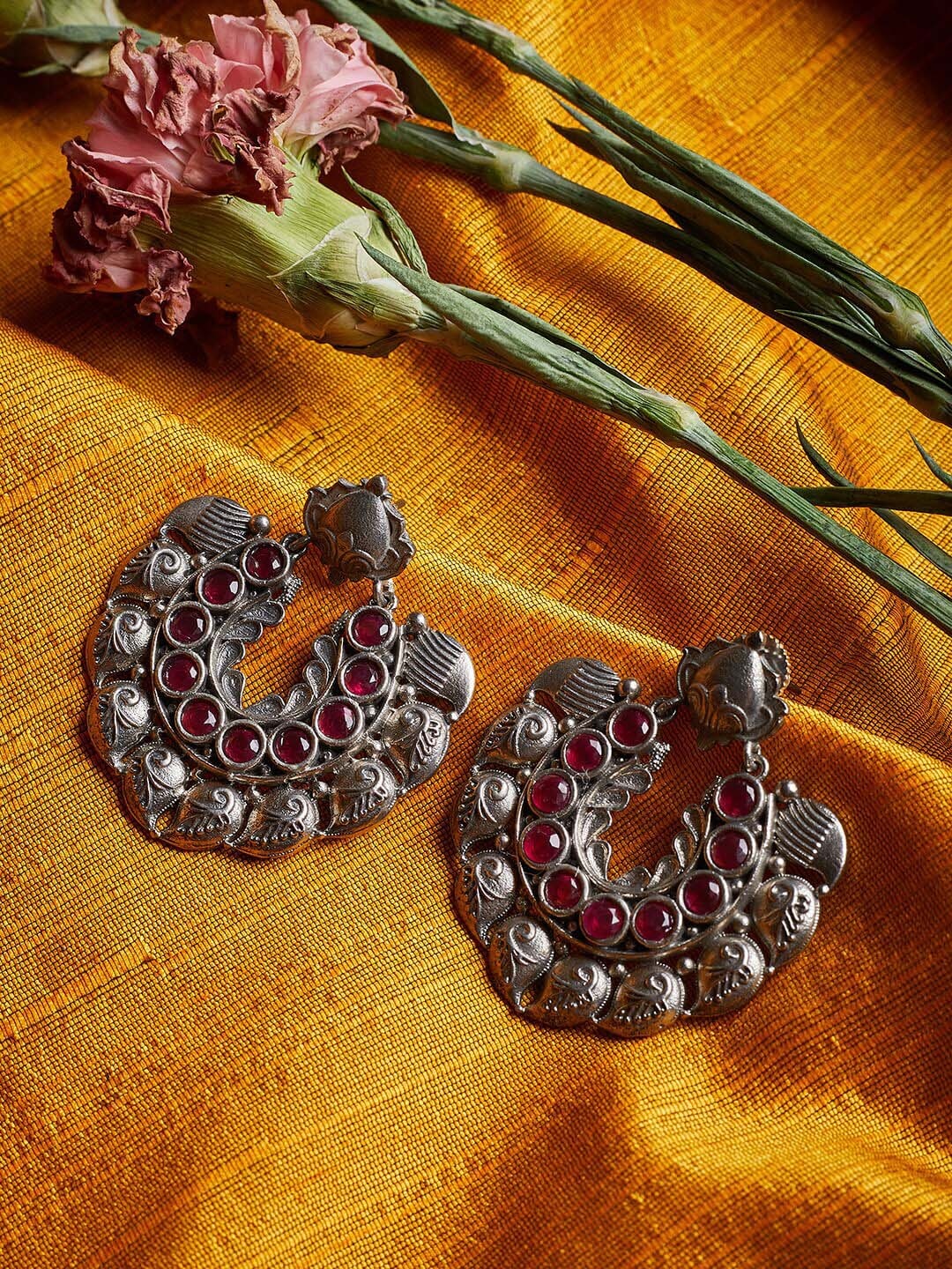 

ZeroKaata Red Stones Studded Silver Plated Chandbalis Earrings