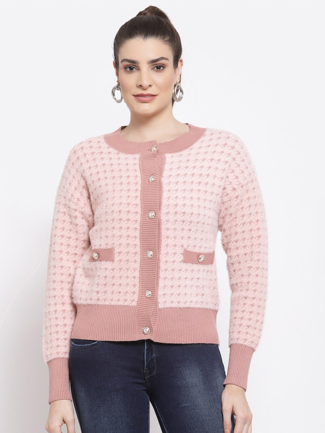 

Mafadeny Women Pink Round Neck Cardigan