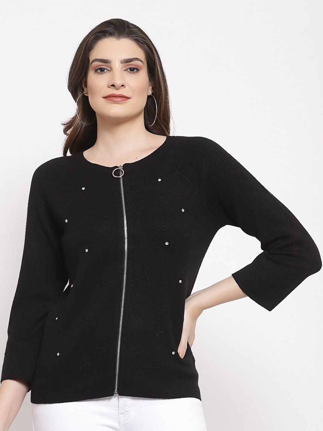 

Mafadeny Women Black Cardigan with Embellished Detail Sweater