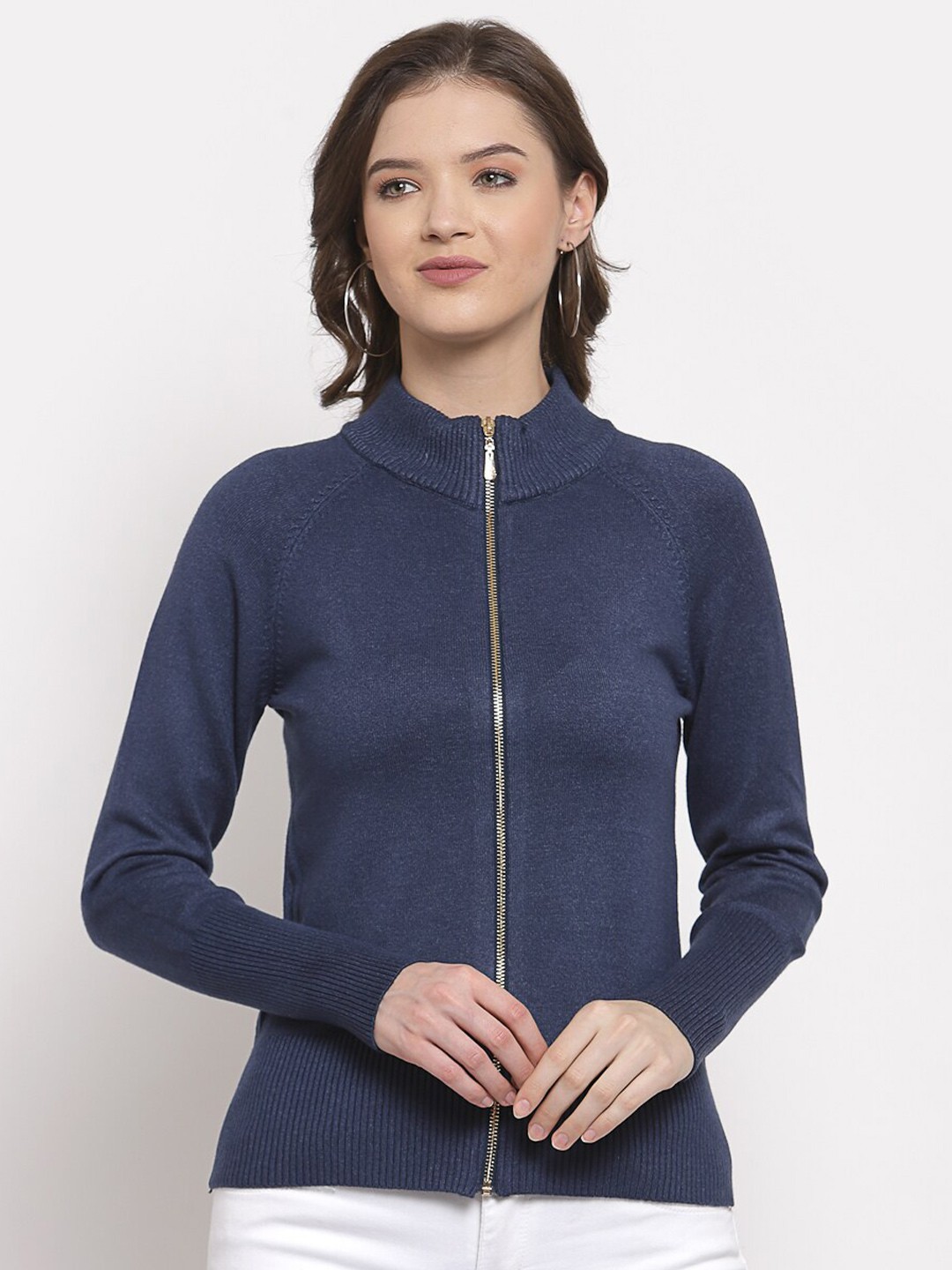 

Mafadeny Women Blue & Gold-Toned Solid Cardigan with Zip Detail