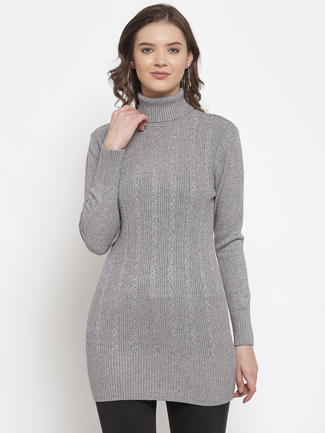

Mafadeny Women Grey Cable Knit Longline Pullover Sweater