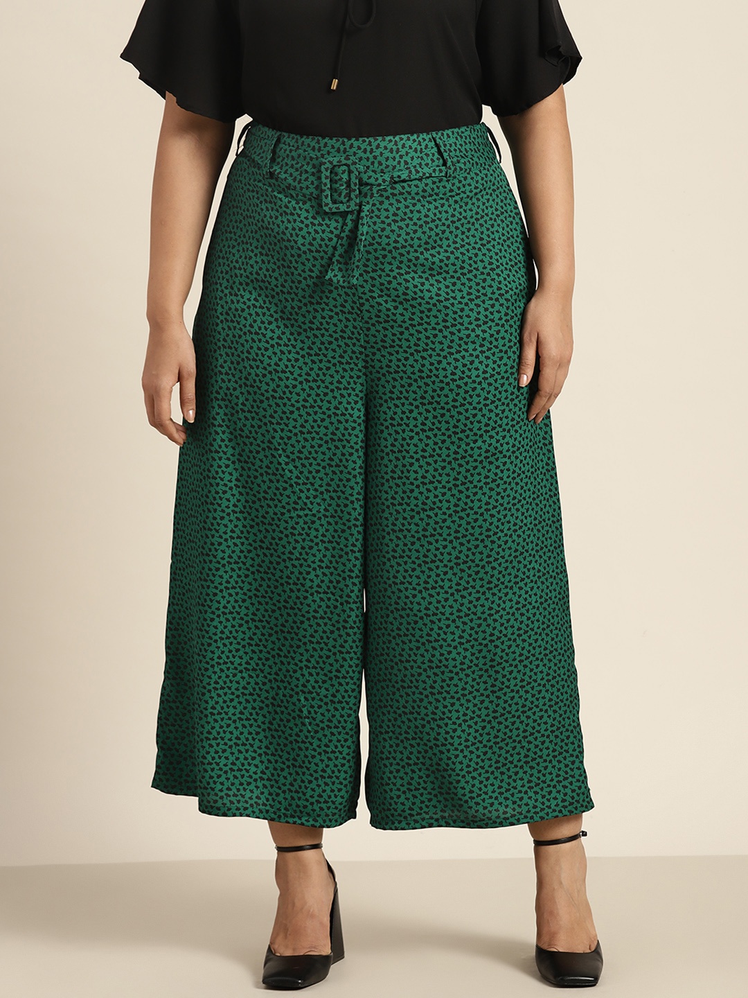 

Sztori Women Plus Size Printed Flared Parallel Trousers With Belt, Green