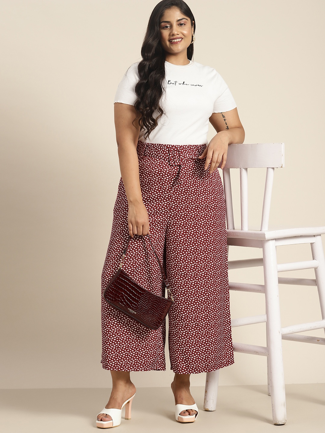 

Sztori Women Plus Size Printed Flared Parallel Trousers With Belt, Maroon