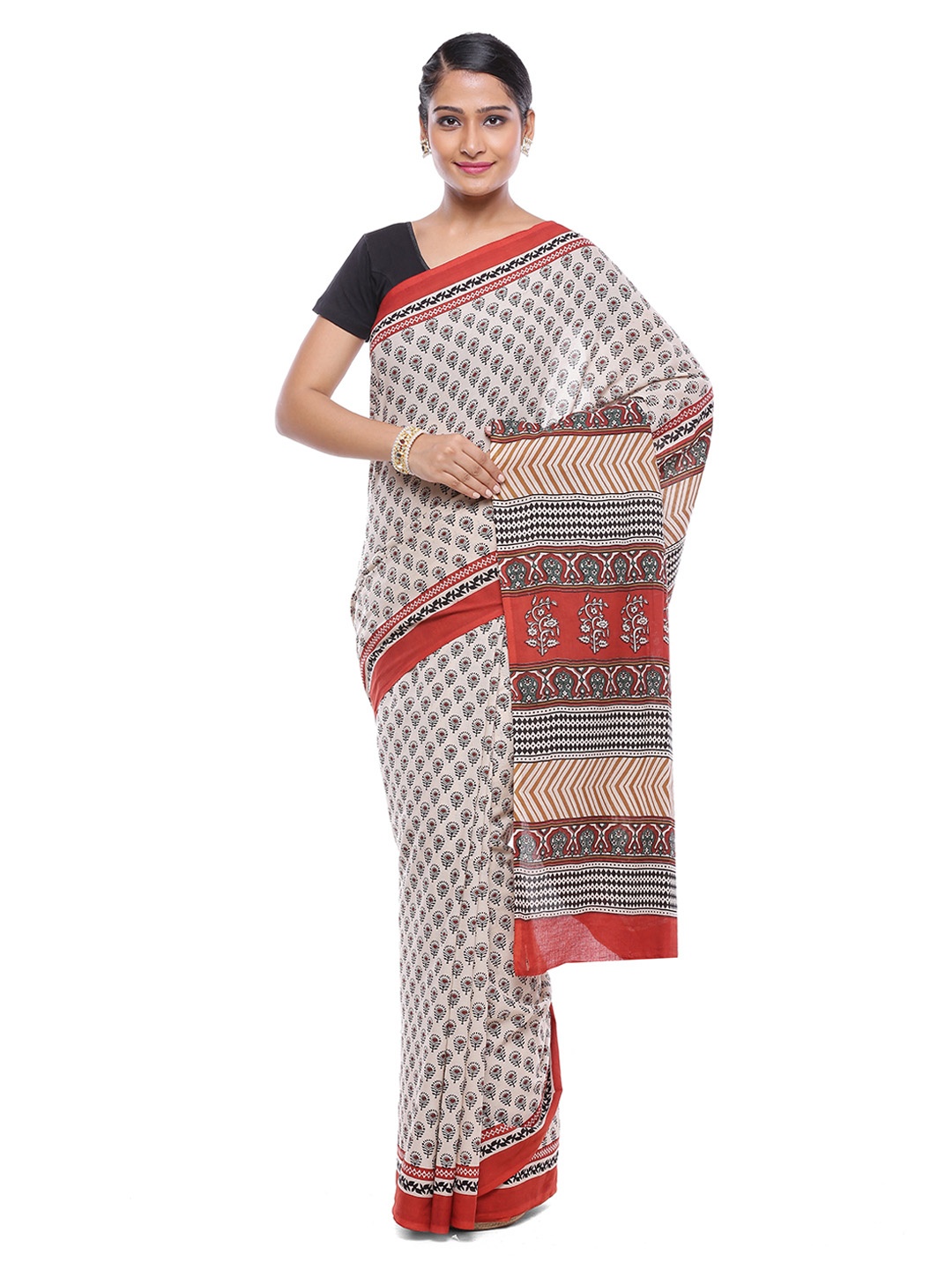 

SOUNDARYA Off-White Printed Pure Cotton Saree