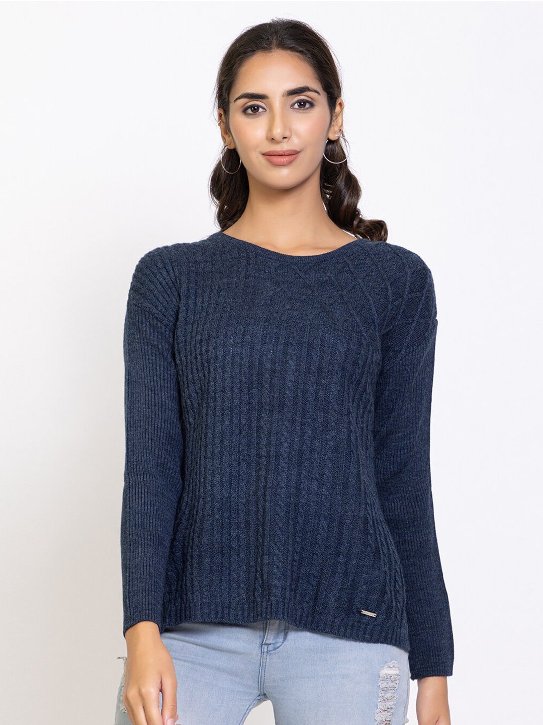 

Species Women Navy Blue Cable Knit Ribbed Pullover