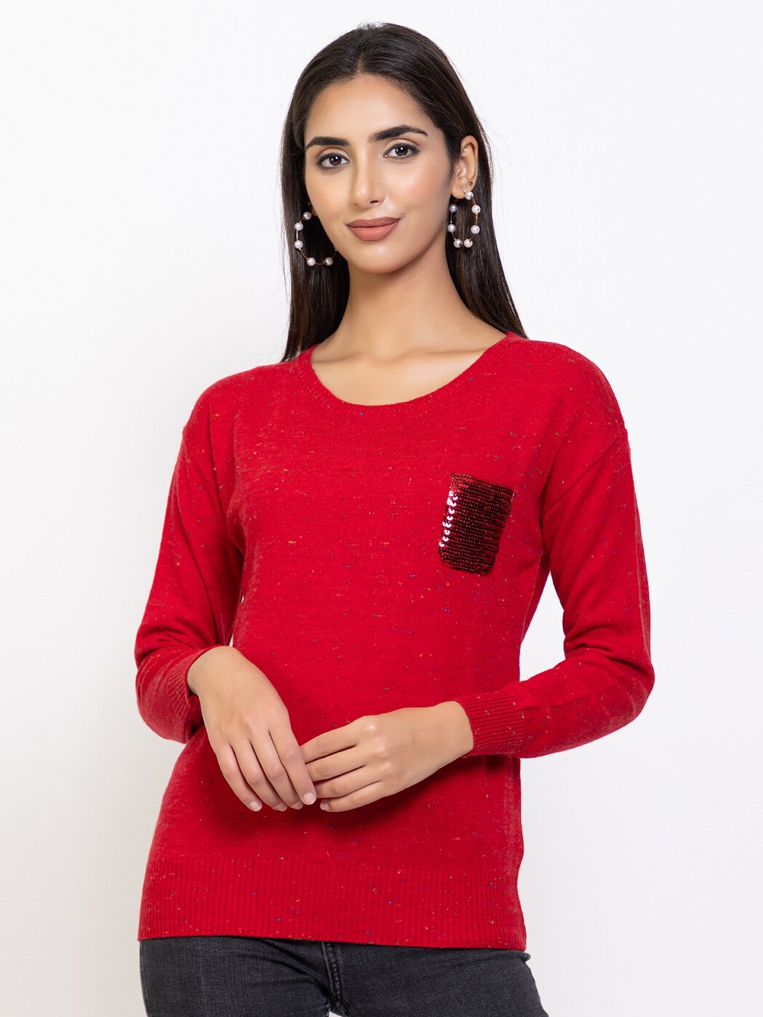 

Species Women Red Pullover with Embellished Detail