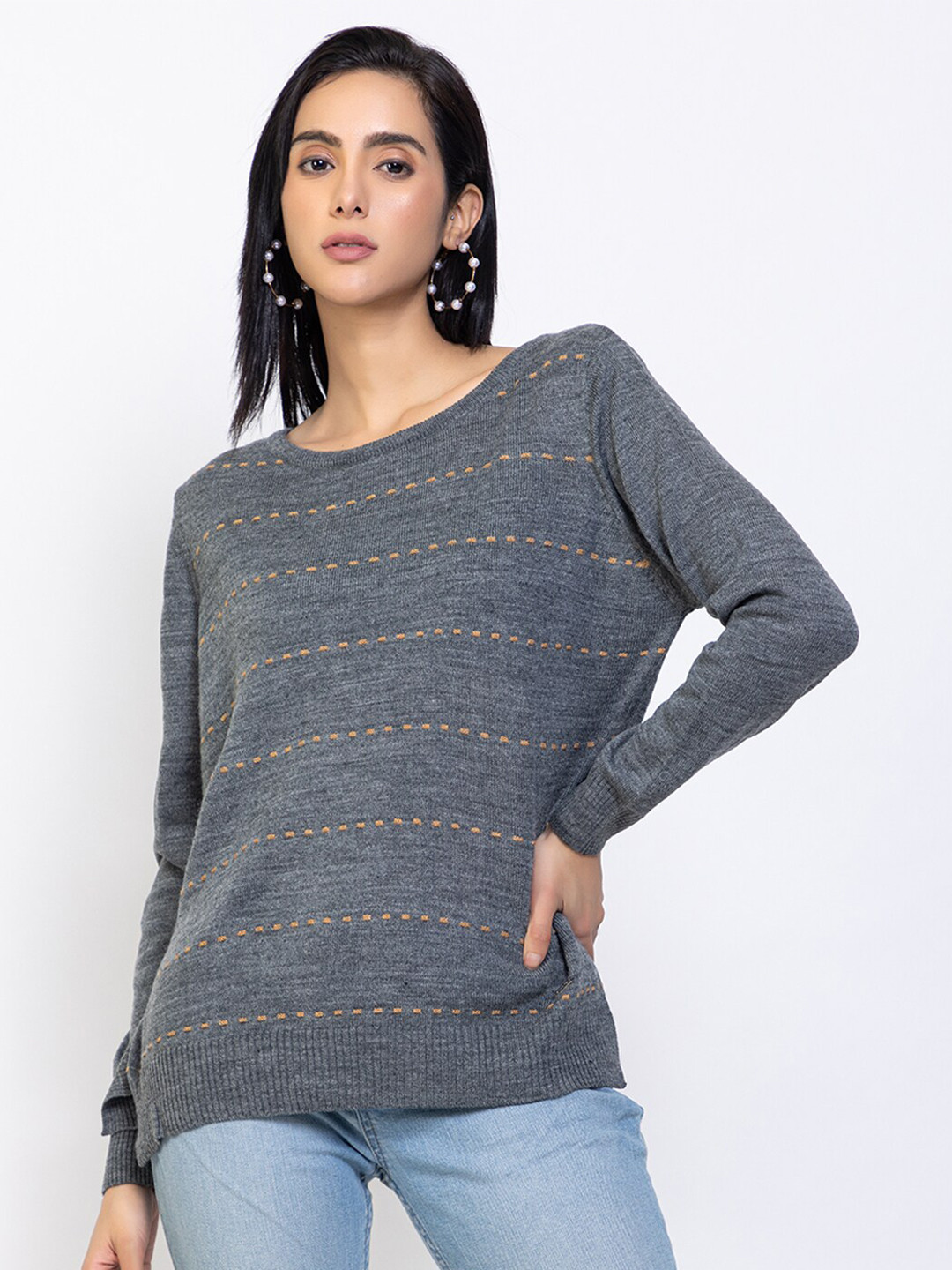 

Species Women Grey & Brown Striped Printed Pullover