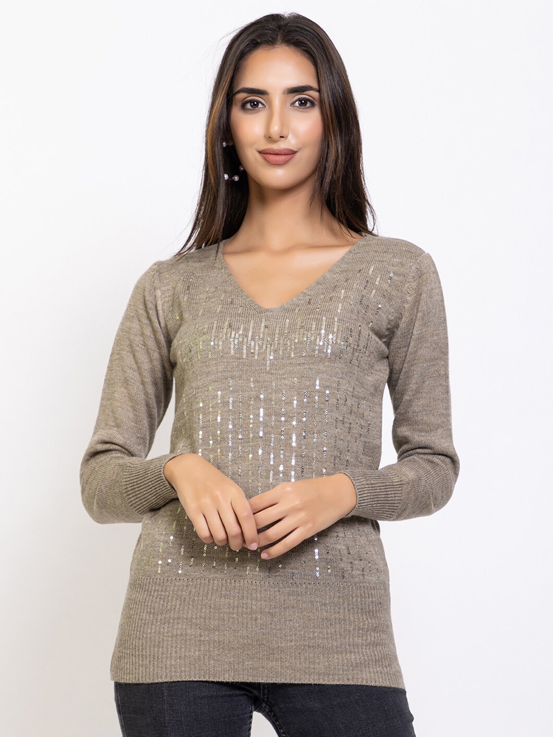 

Species Women Beige & Silver-Toned Pullover with Embellished Detail