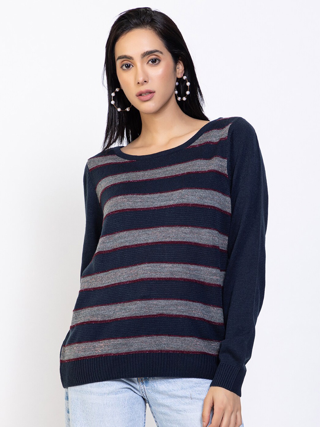 

Species Women Navy Blue & Grey Striped Pullover