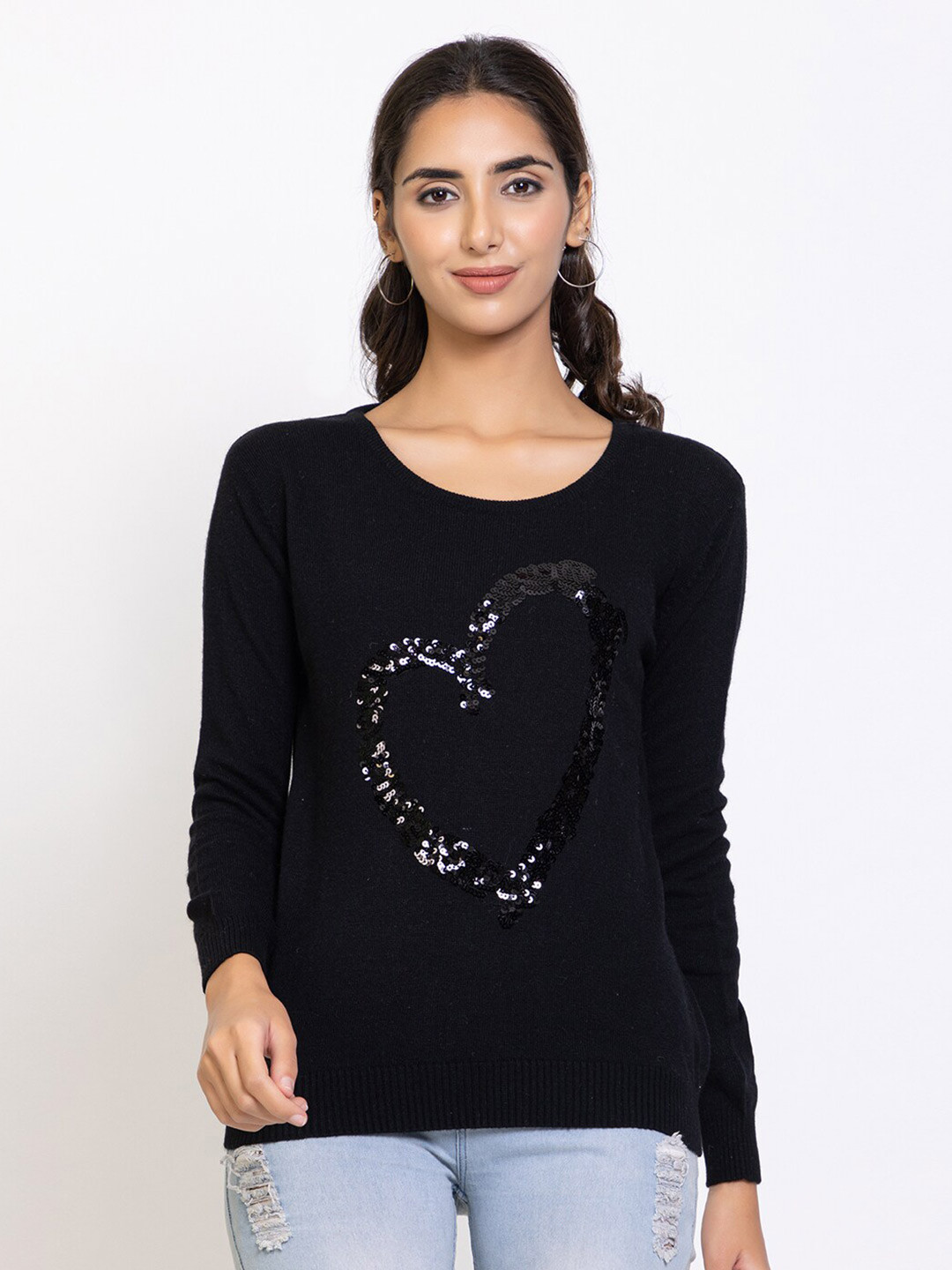 

Species Women Black Embroidered Pullover with Embellished Detail