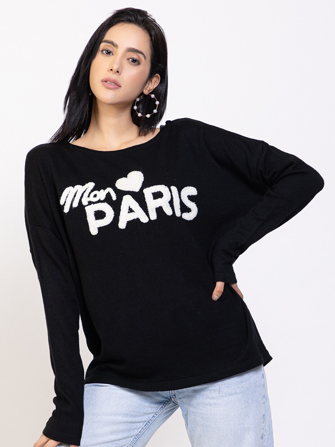 

Species Women Black & White Typography Pullover with Embroidered Detail