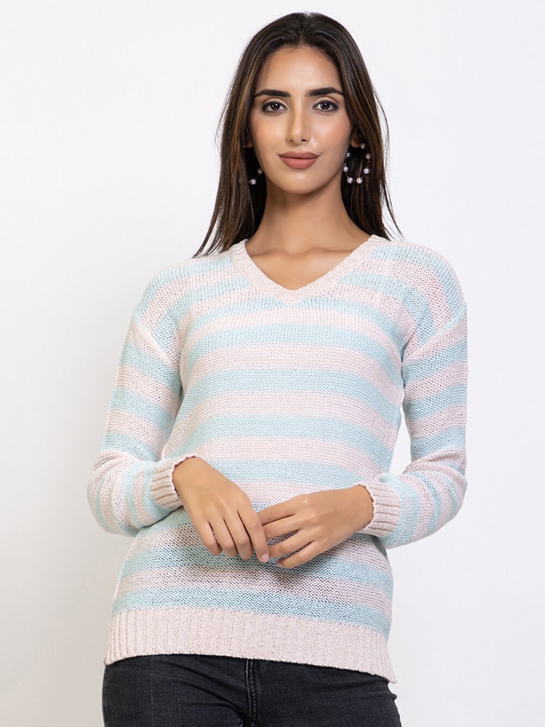 

Species Women Sea Green & Pink Striped Pullover