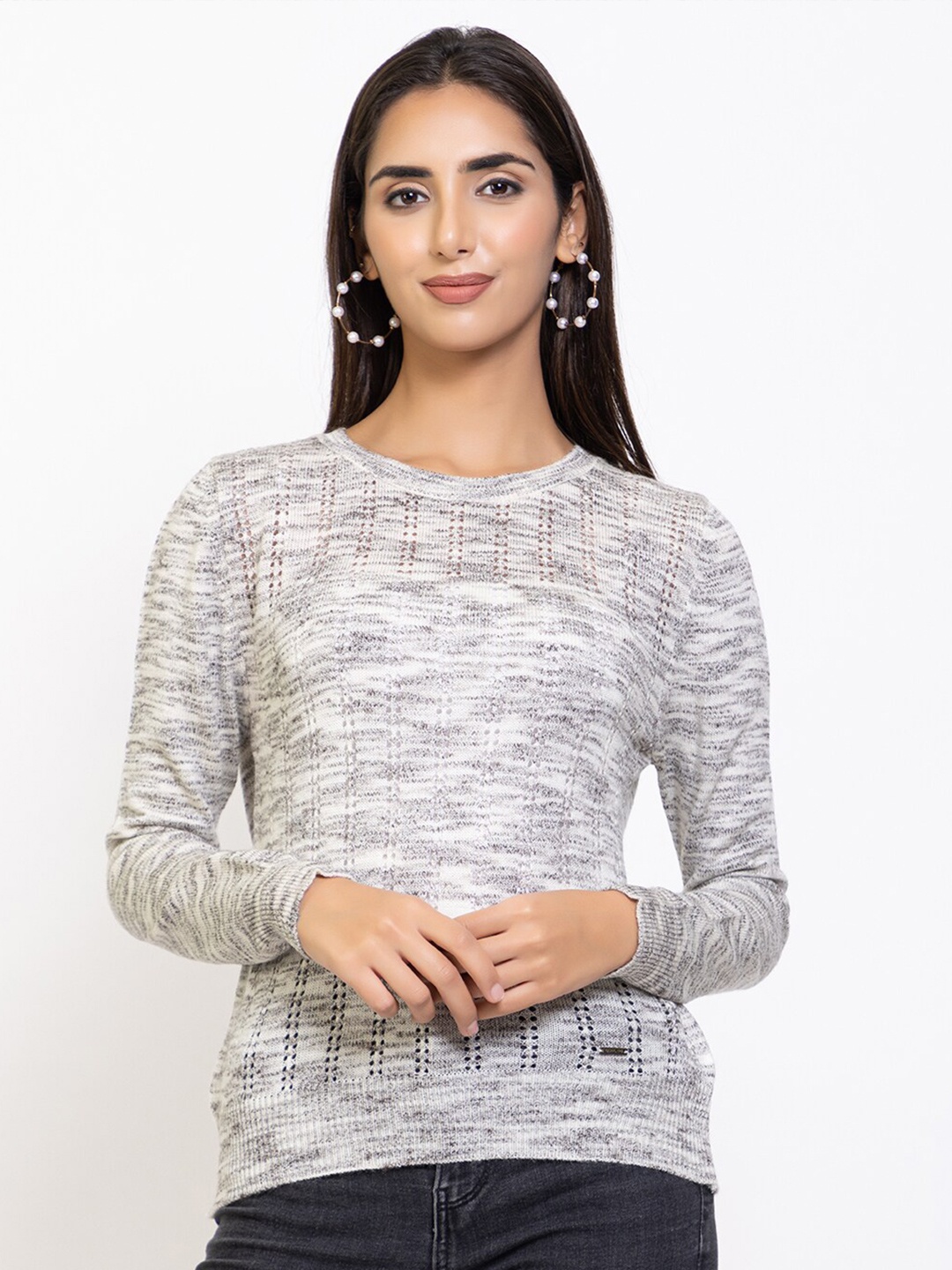 

Species Women Coffee Brown & Off White Open Knit Pullover