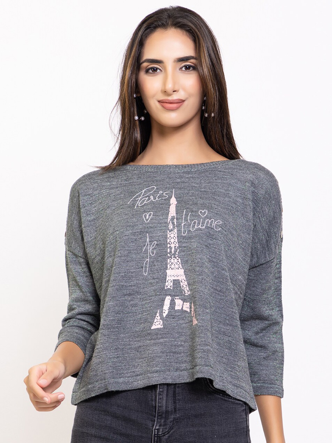 

Species Women Grey & Off White Graphic Printed Pullover