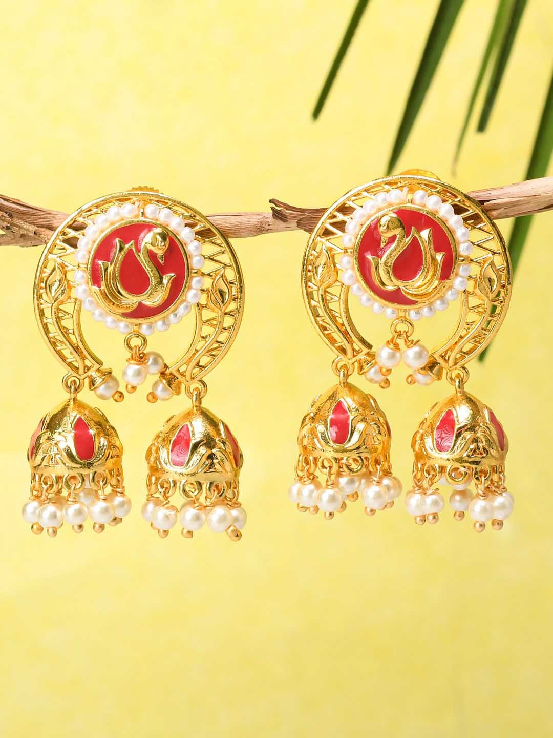 

Voylla Red & White Gold-Plated Contemporary Jhumkas Earrings
