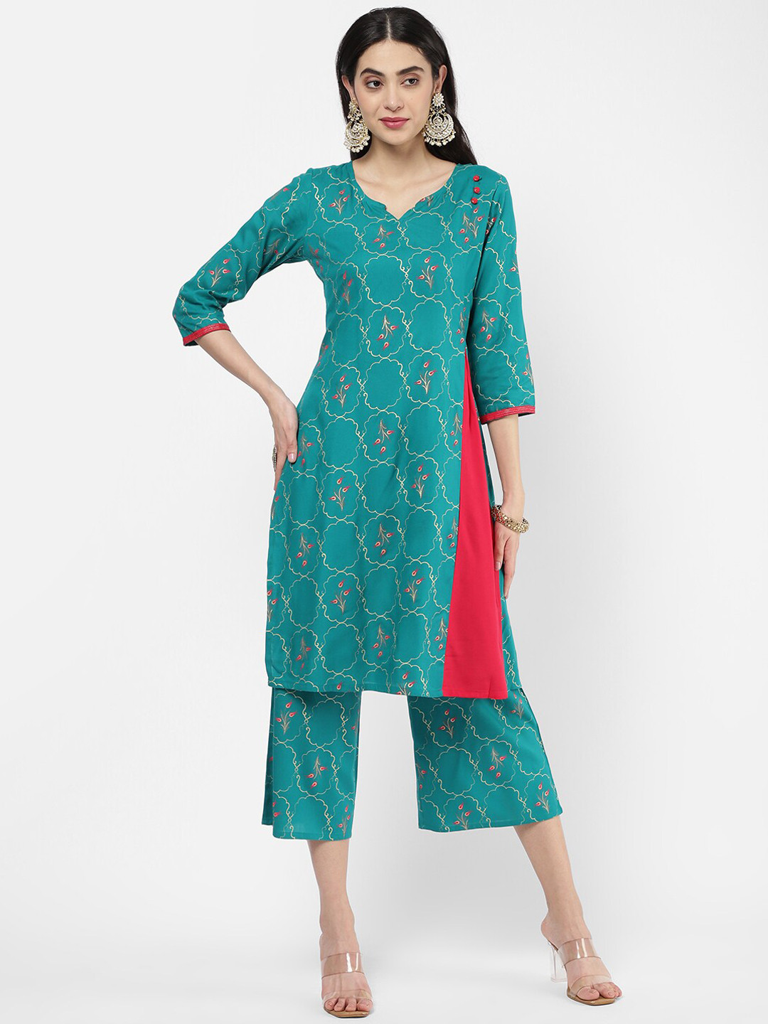 

R&B Ethnic Motifs Printed V-Neck Straight Pure Cotton Kurta, Teal
